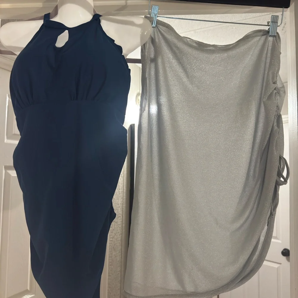 NWT Maternity Elegant Royale Blue 1 piece swimsuit with Silver shimmery Wrap